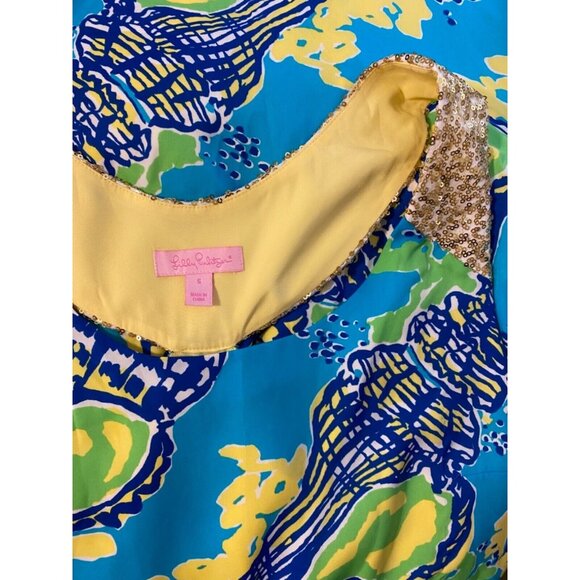 Lilly Pulitzer Dress Blue Yellow Gold Green S Small Summer Resort Cruise - Picture 4 of 8